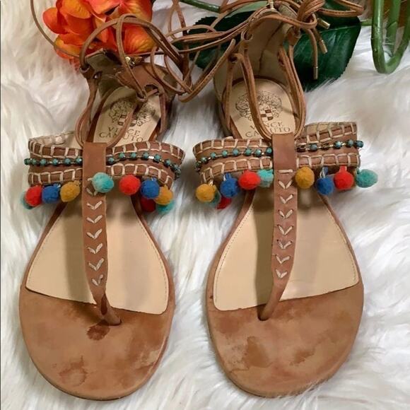 VINCE CAMUTO LEATHER POM POM LACE UP SANDA… - Picture 7 of 8